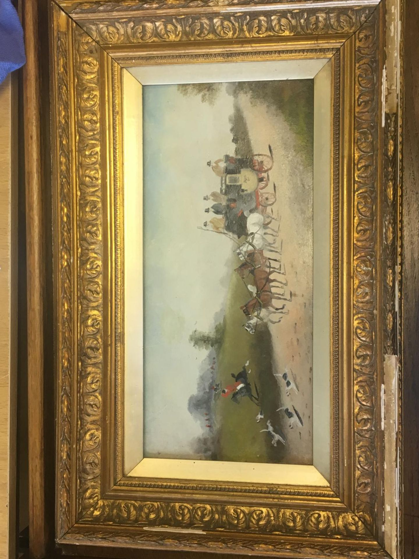 British School painting, a coaching scene with fox hounds, oils on board, 18cm x 38cm. Framed -