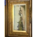 British School painting, a coaching scene with fox hounds, oils on board, 18cm x 38cm. Framed -