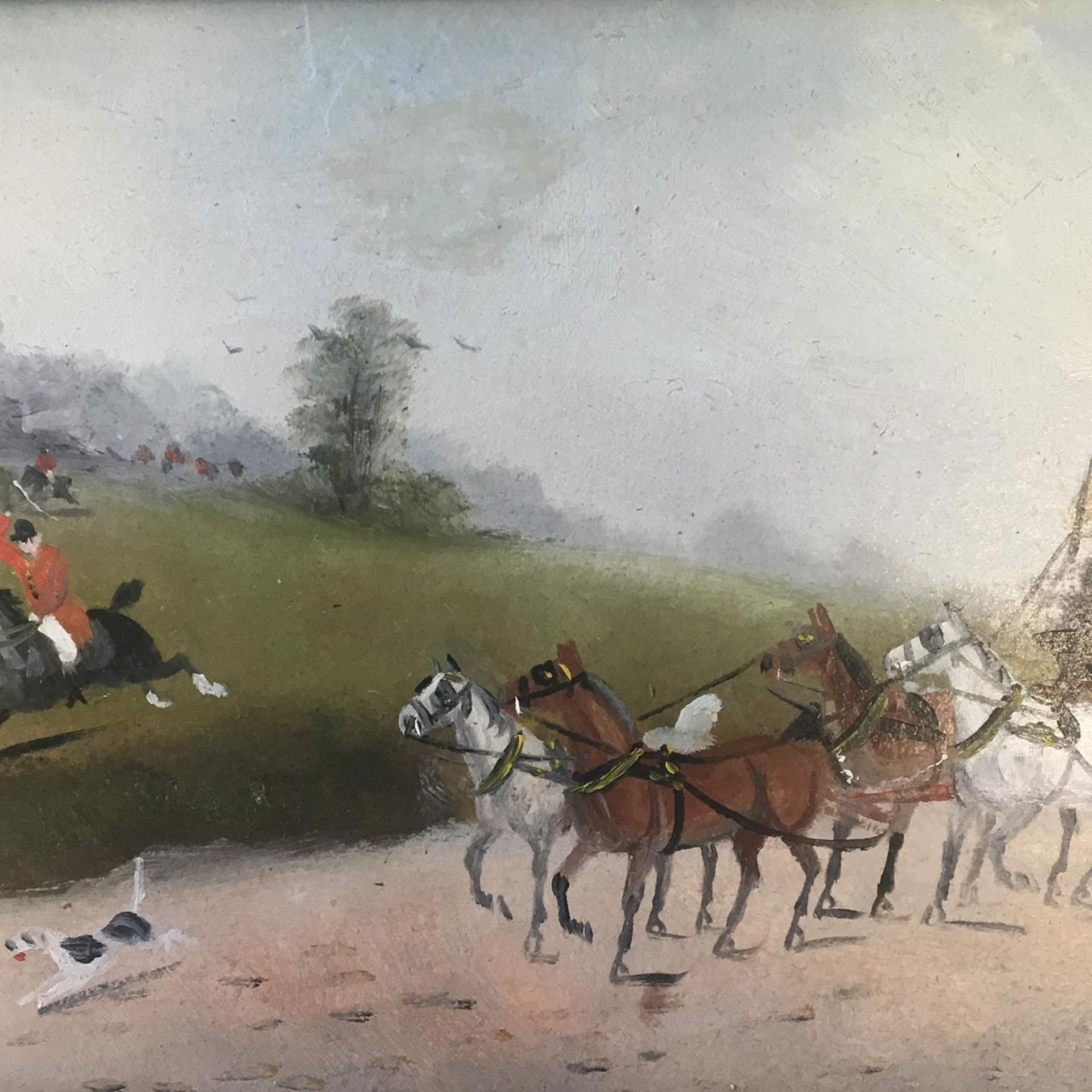 British School painting, a coaching scene with fox hounds, oils on board, 18cm x 38cm. Framed - - Image 4 of 6