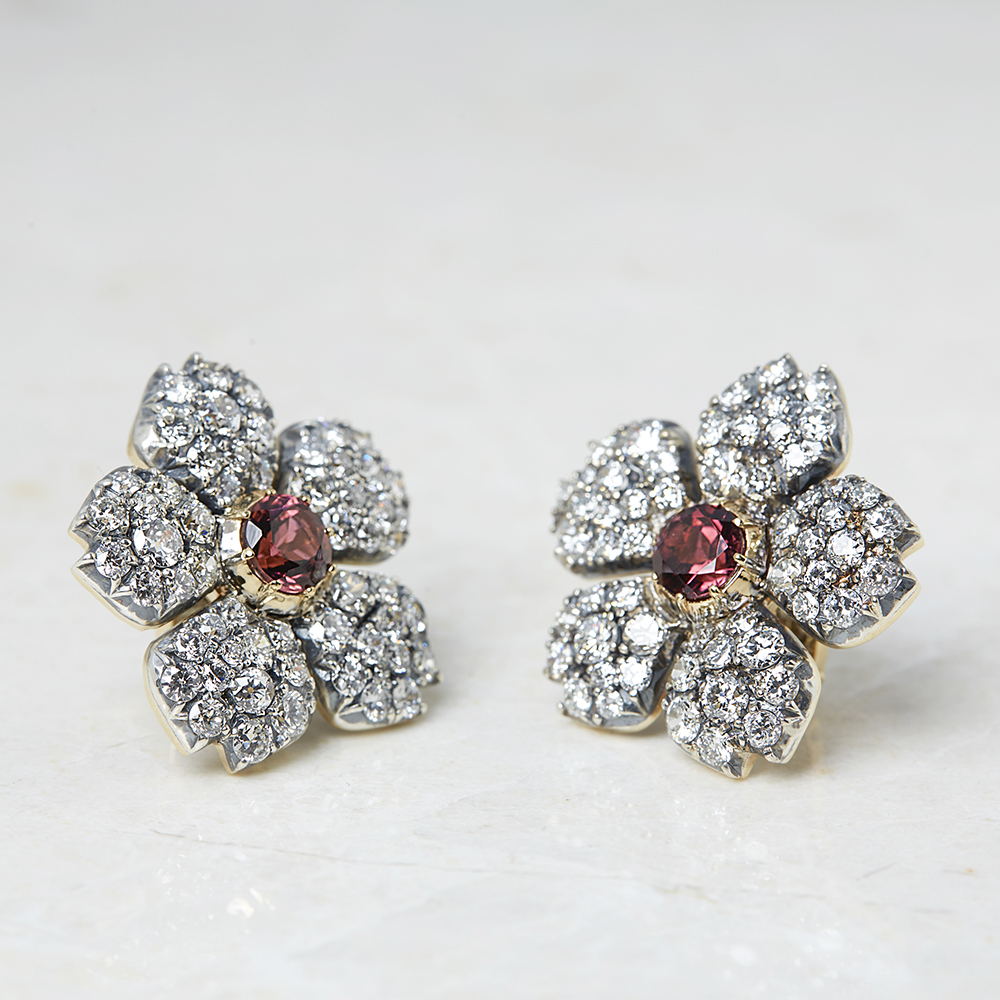 Cartier, 18k White Gold 3.07ct Pink Tourmaline & 5.10ct Diamond Flower Earrings - Image 2 of 8