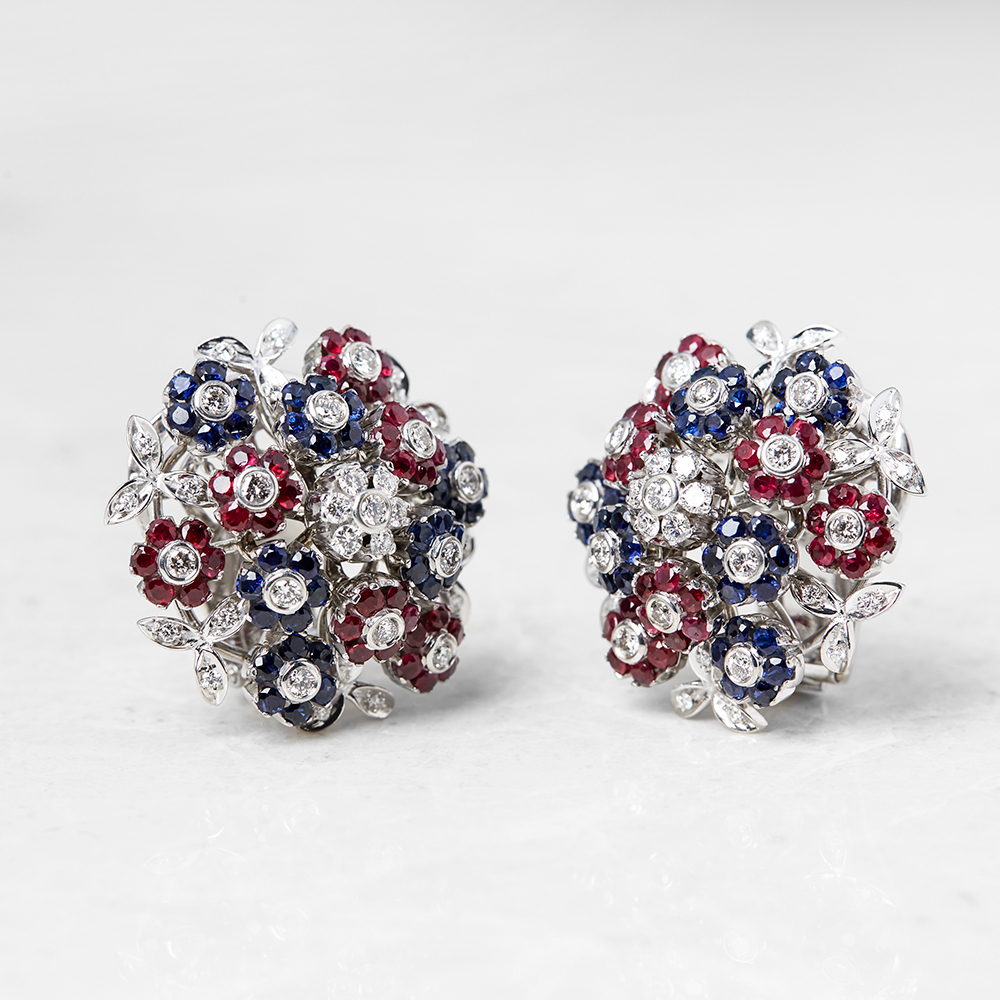 Cartier, 18k White Gold Diamond, Ruby & Sapphire Trembler Earrings - Image 2 of 11