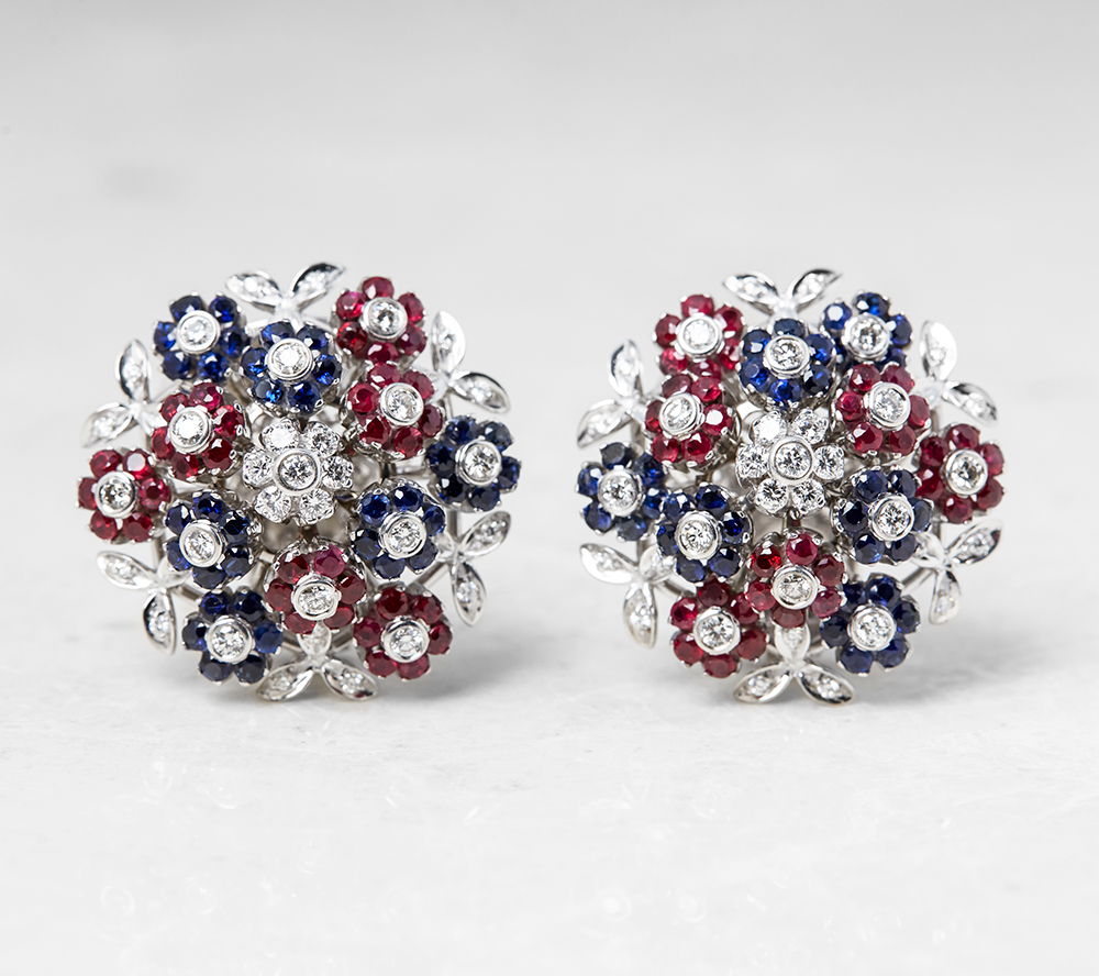 Cartier, 18k White Gold Diamond, Ruby & Sapphire Trembler Earrings