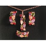 Rose gold plated jewellery set has multi-coloured Swarovski element crystals