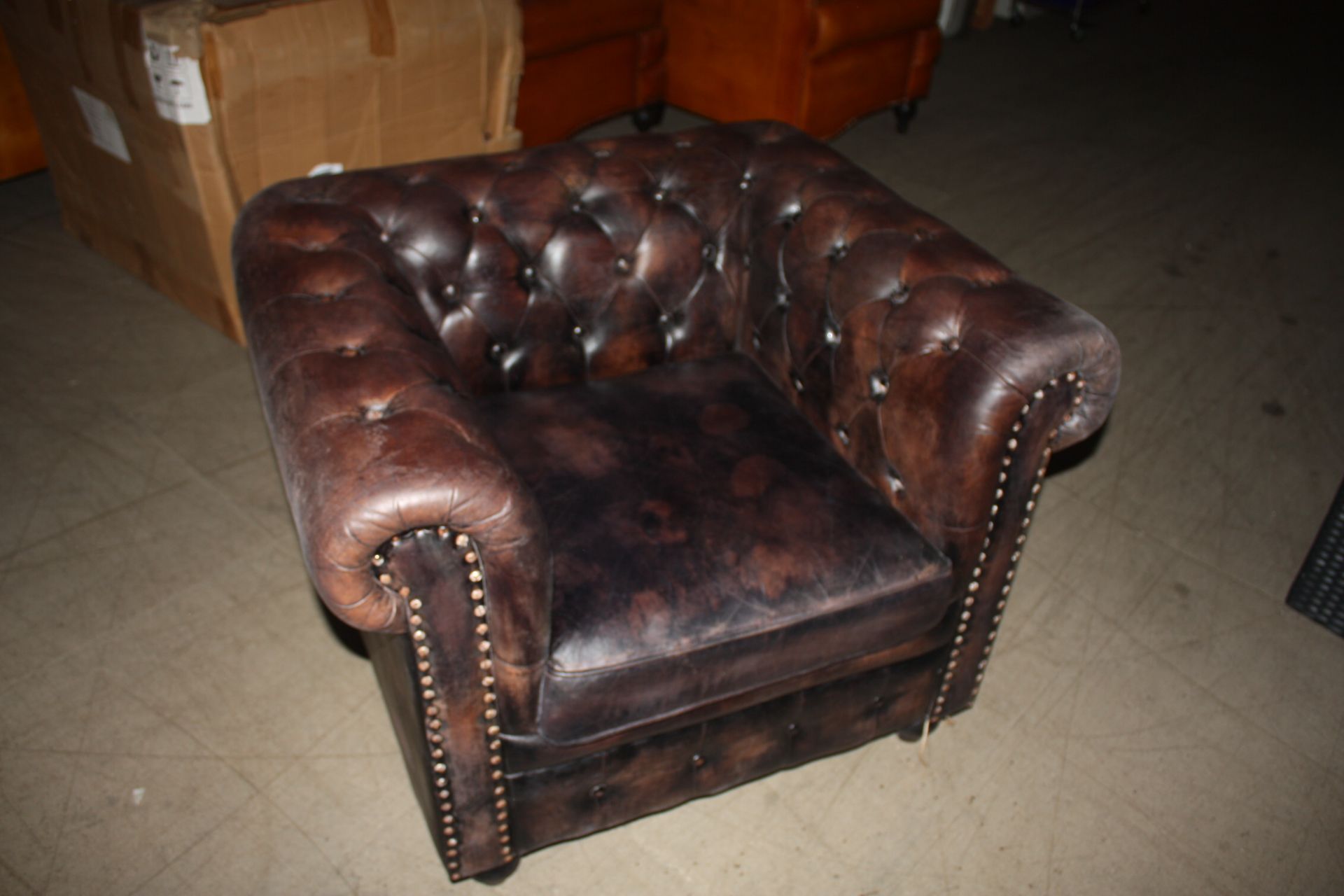 Shoreditch Low Back Leather Chesterfield Club Armchair In Brown - Image 4 of 6