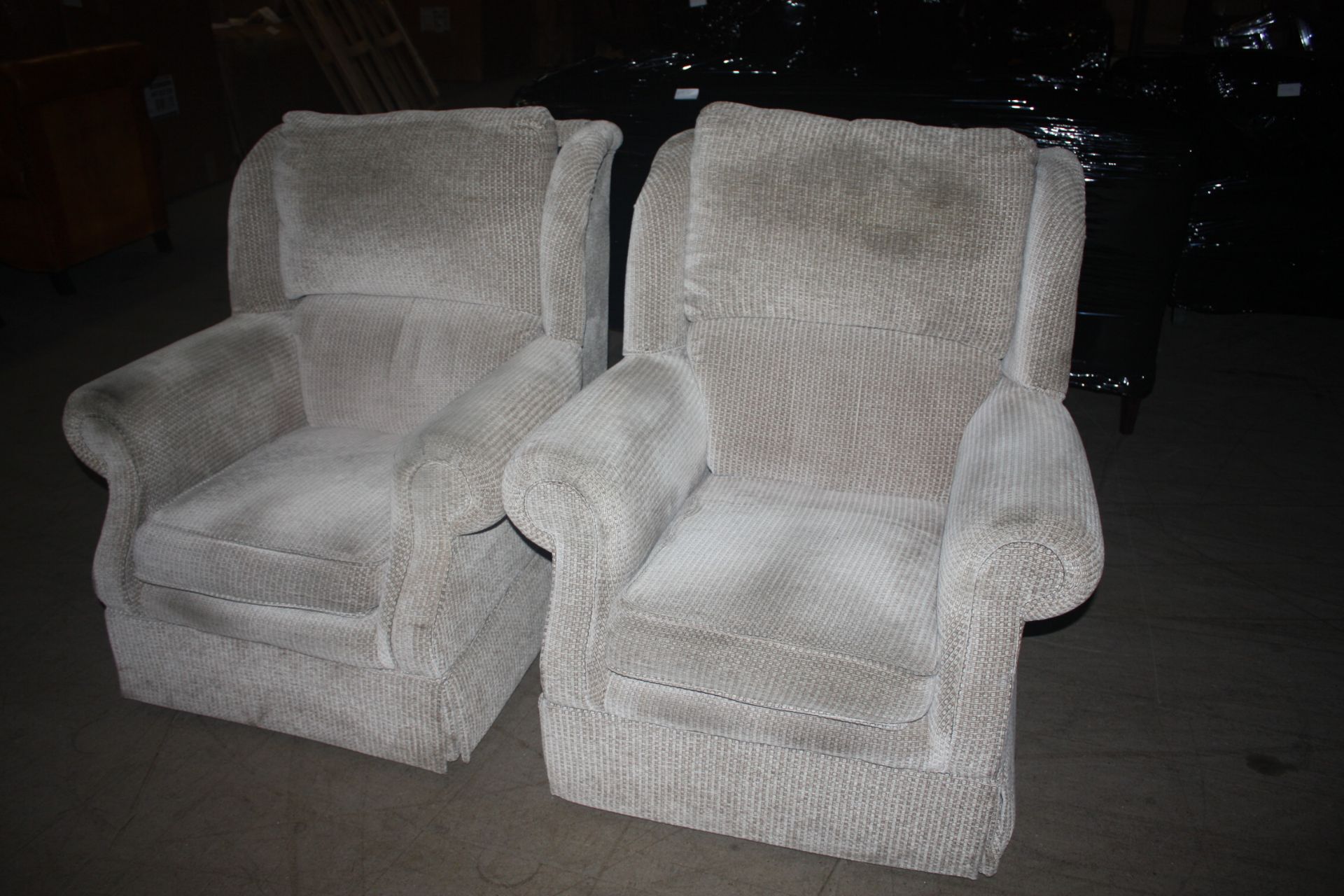 Pair of Grey Fabric Arm Chairs Colour Code - RRP - Issue - pair of arm chairs used , good condition