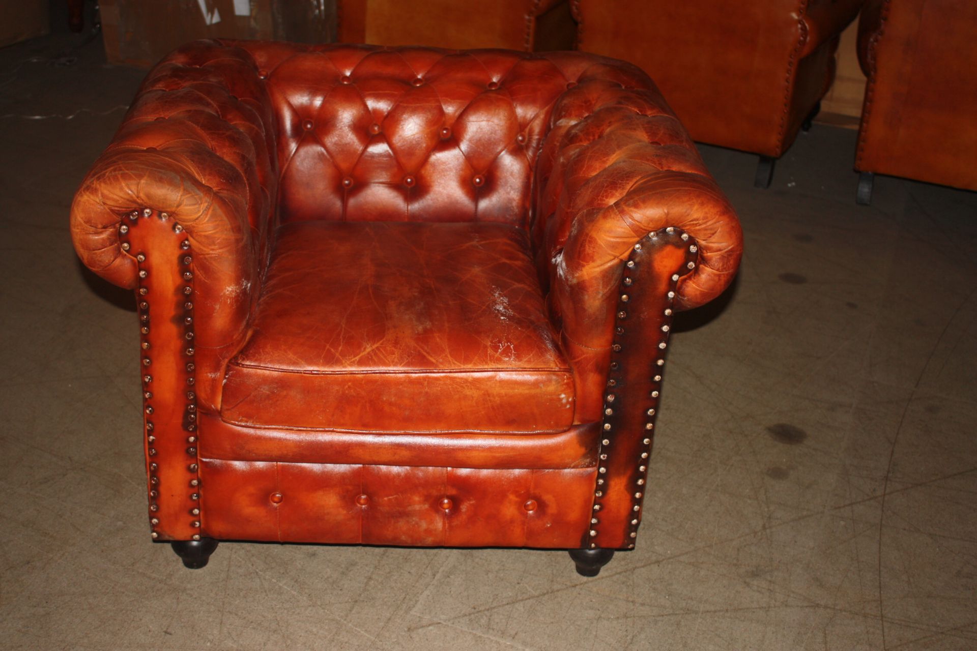 Shoreditch Low Back Leather Chesterfield Club Armchair In Tan Handmade Shoreditch leather - Image 6 of 6