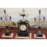 Victorian Slate And Marble Mantel Clock With Garnitures