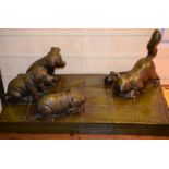 Large Bronze Tableau Of Puppies & Kitten Signed P.J.Mene
