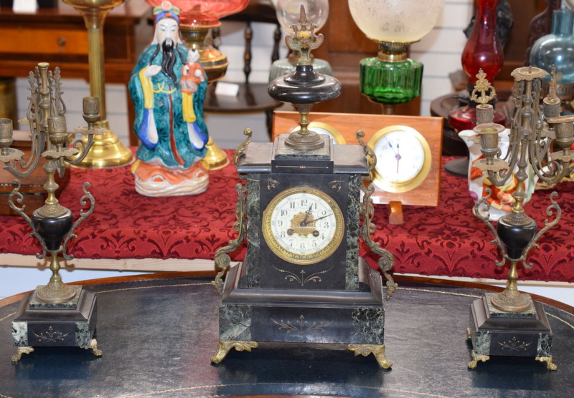 Victorian Slate Mantel Clock With Garnitures