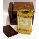 French 1880s Serpentine Brass Carriage Clock & Leather Case