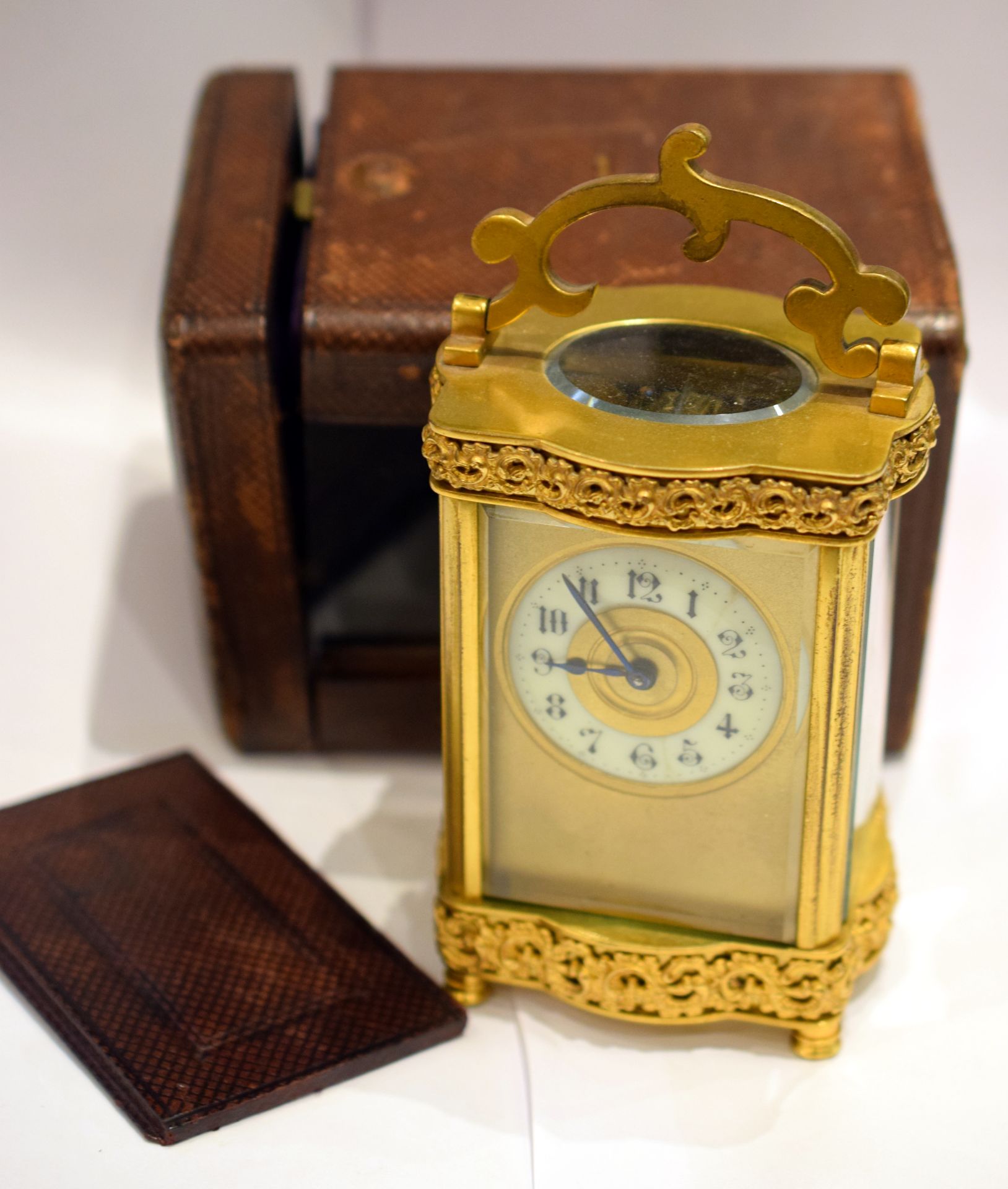 French 1880s Serpentine Brass Carriage Clock & Leather Case