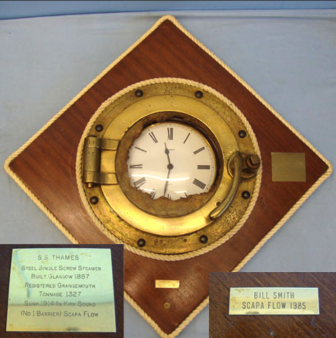 Recovered WW1 Royal Naval Block Ship at Scapa Flow, SS Thames Brass Porthole Mounted With CLock.