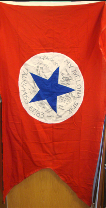 Falklands WAR Task Force Flag, Signed by the Crew of the M.V. 'Avelona Star' & 'Falklands Task Force