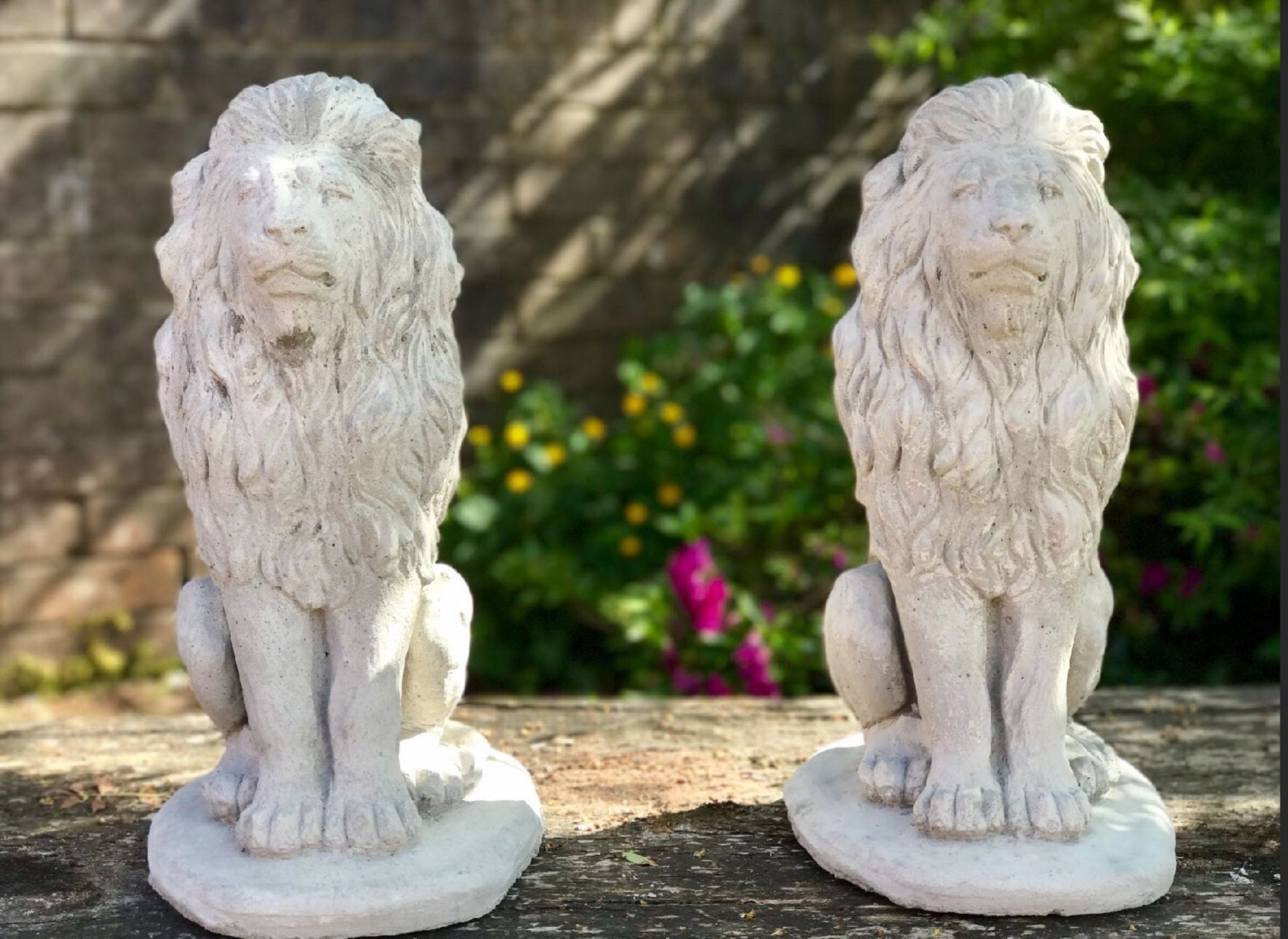 Pair of Rustic Proud Lion Garden/Patio Statue