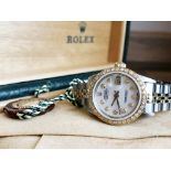 LADIES ROLEX WATCH, 18CT GOLD & STAINLESS STEEL,DIAMOND BEZEL SET & MOTHER OF PEARL, INCLUDES BOX