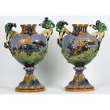 Pair Antique Bodenbach Majolica Hunt Scene Vases C.1880