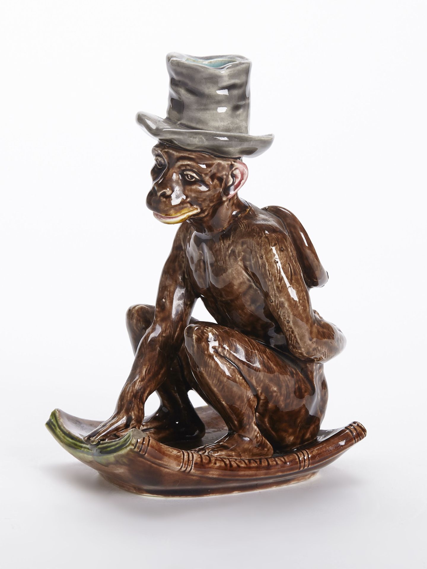 Sarreguemines Majolica Darwin Monkey Candlestick 19Th C.