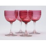 Four Antique Wheel Cut Cranberry Wine Glasses 19Th C.