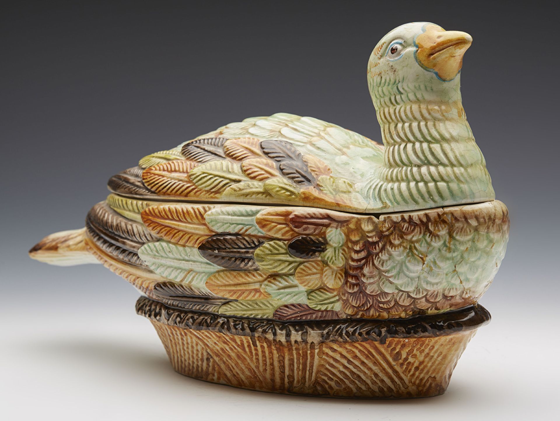 Antique Continental Majolica Pottery Bird Tureen 19Th C.