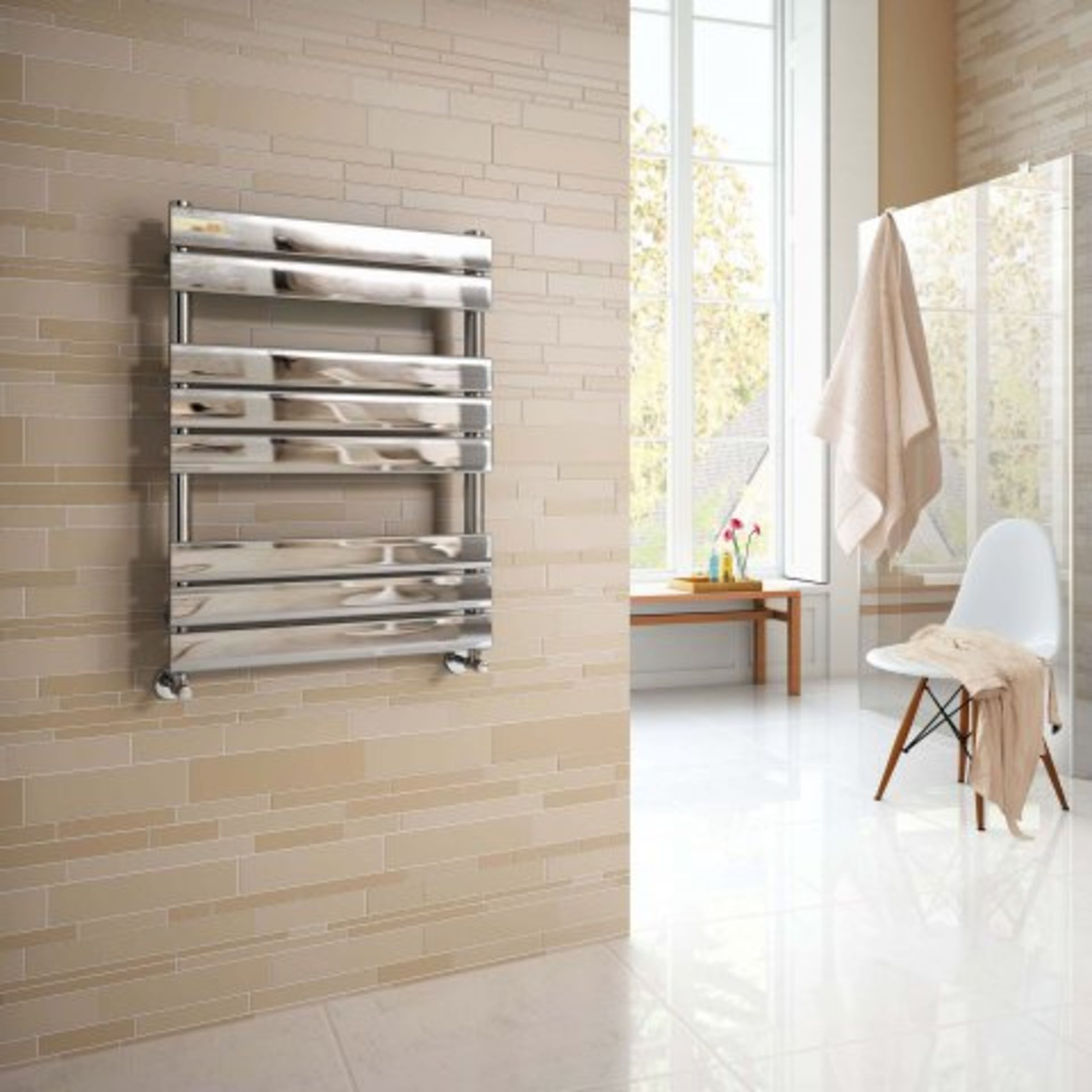 (AA141) 800x600mm Chrome Flat Panel Ladder Towel Radiator. RRP £265.99. Stylishly sleek panels set - Image 2 of 4