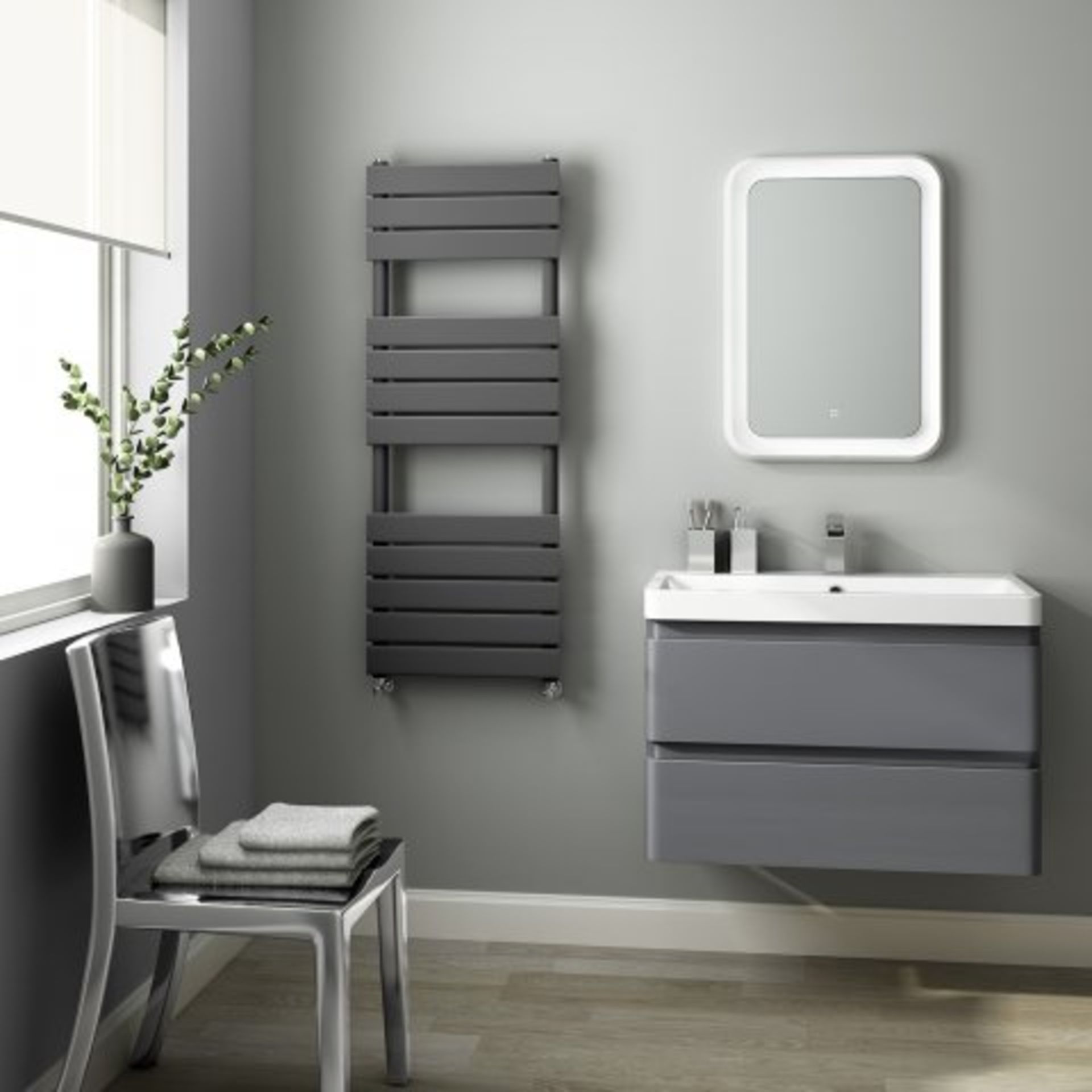 (AA100) 1200x450mm Anthracite Flat Panel Ladder Towel Radiator. RRP £349.99. Heat Efficiency Our - Image 3 of 3