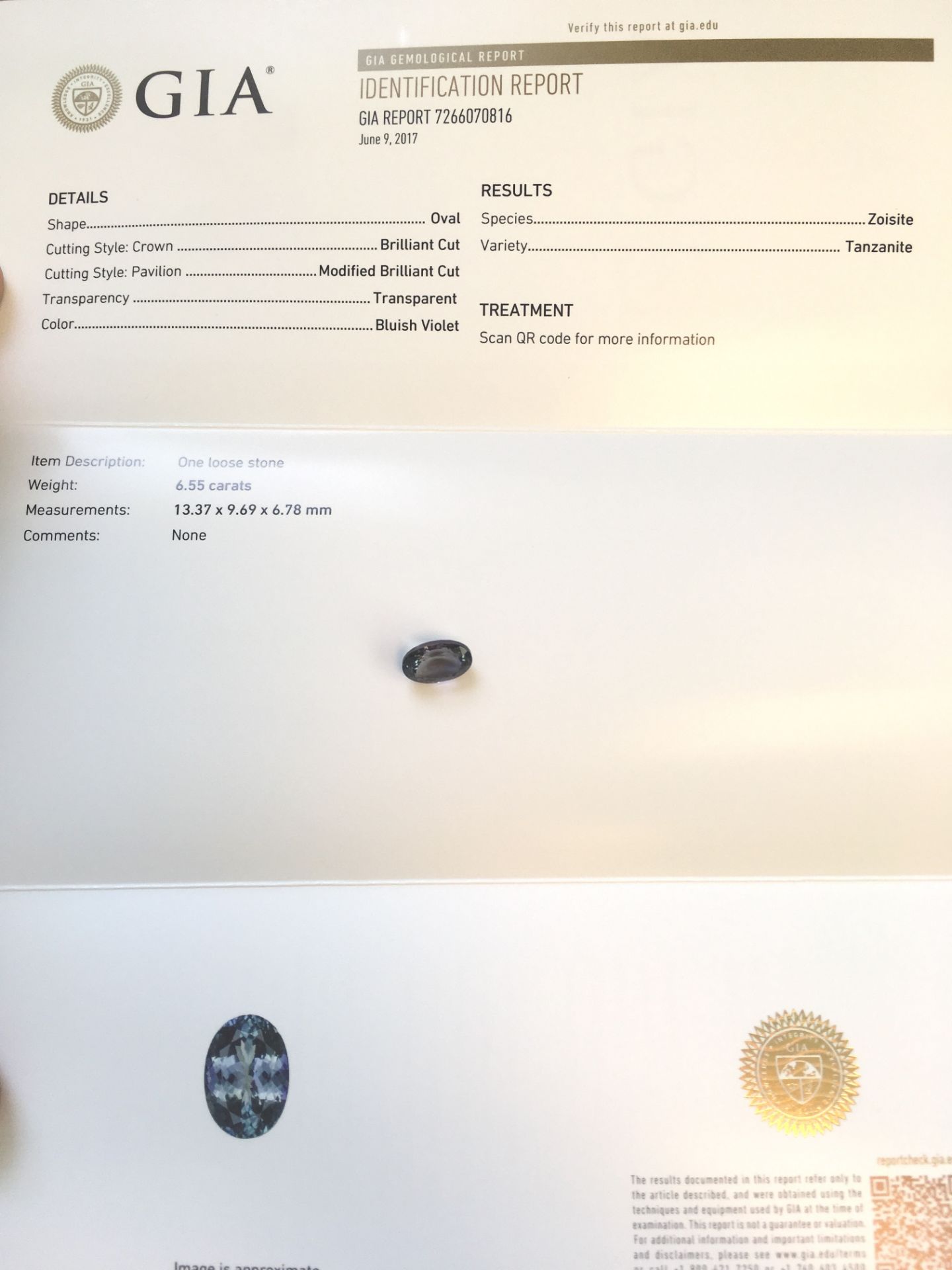 6.55ct Natural Tanzanite with GIA Certificate - Image 6 of 6