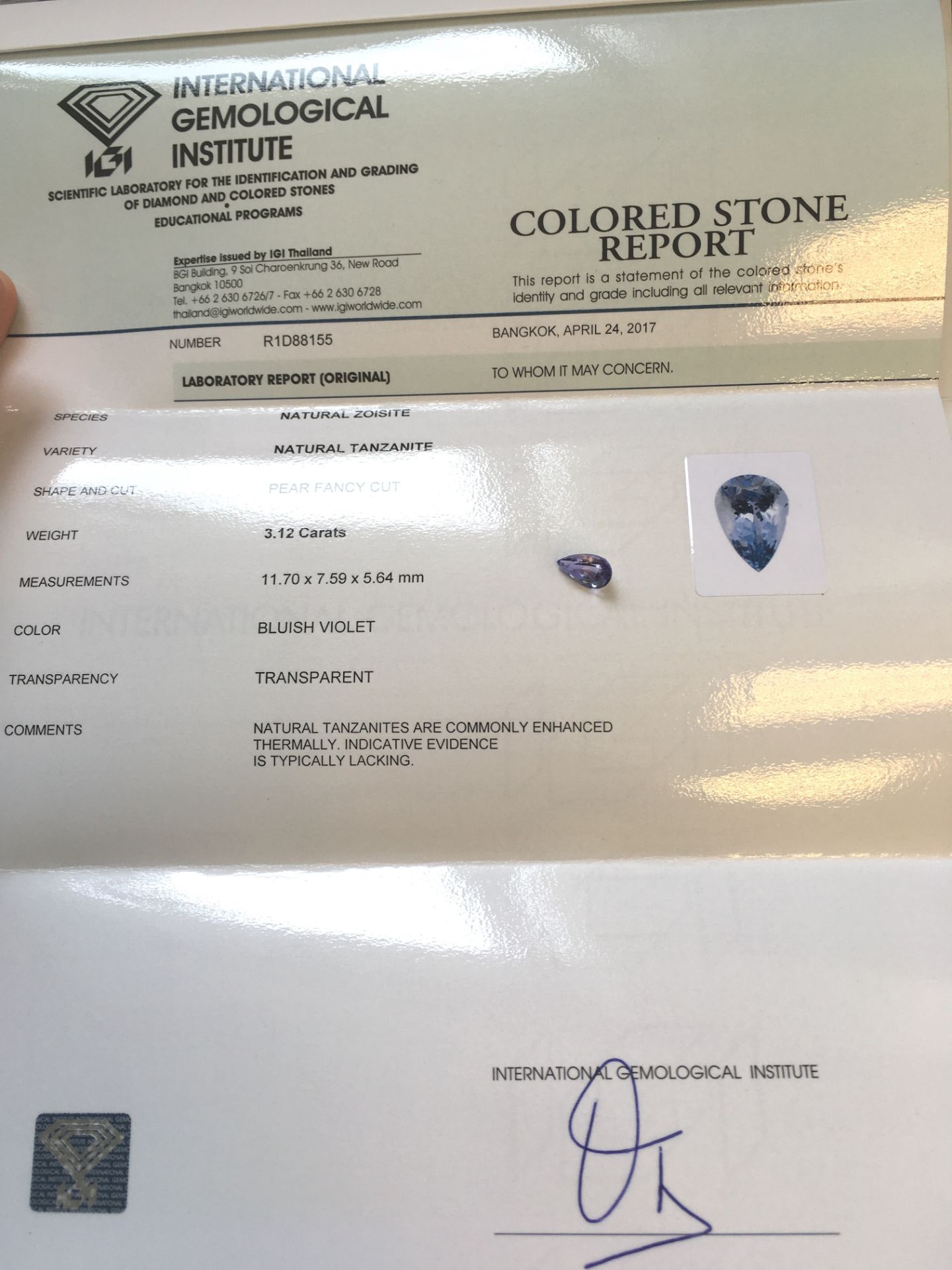 3.12ct Natural Tanzanite with IGI Certificate - Image 3 of 3