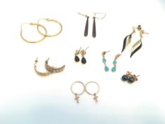 Eight pairs of assorted 9ct gold and stone set earrings
