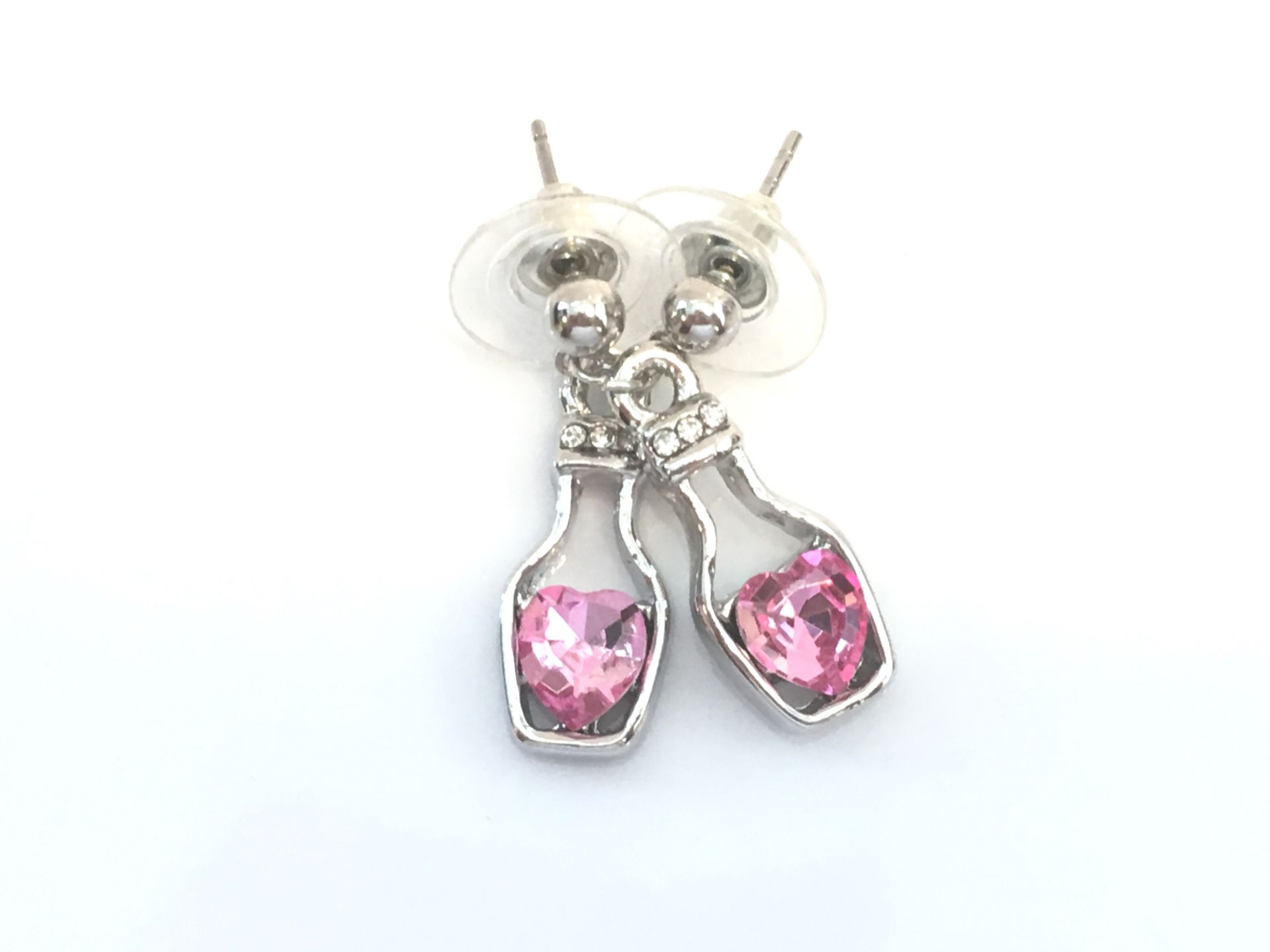 PRETTY SILVER BOTTLE EARRING AND NECKLACE SET PINK SWAROVSKI CRYSTAL - Image 4 of 4