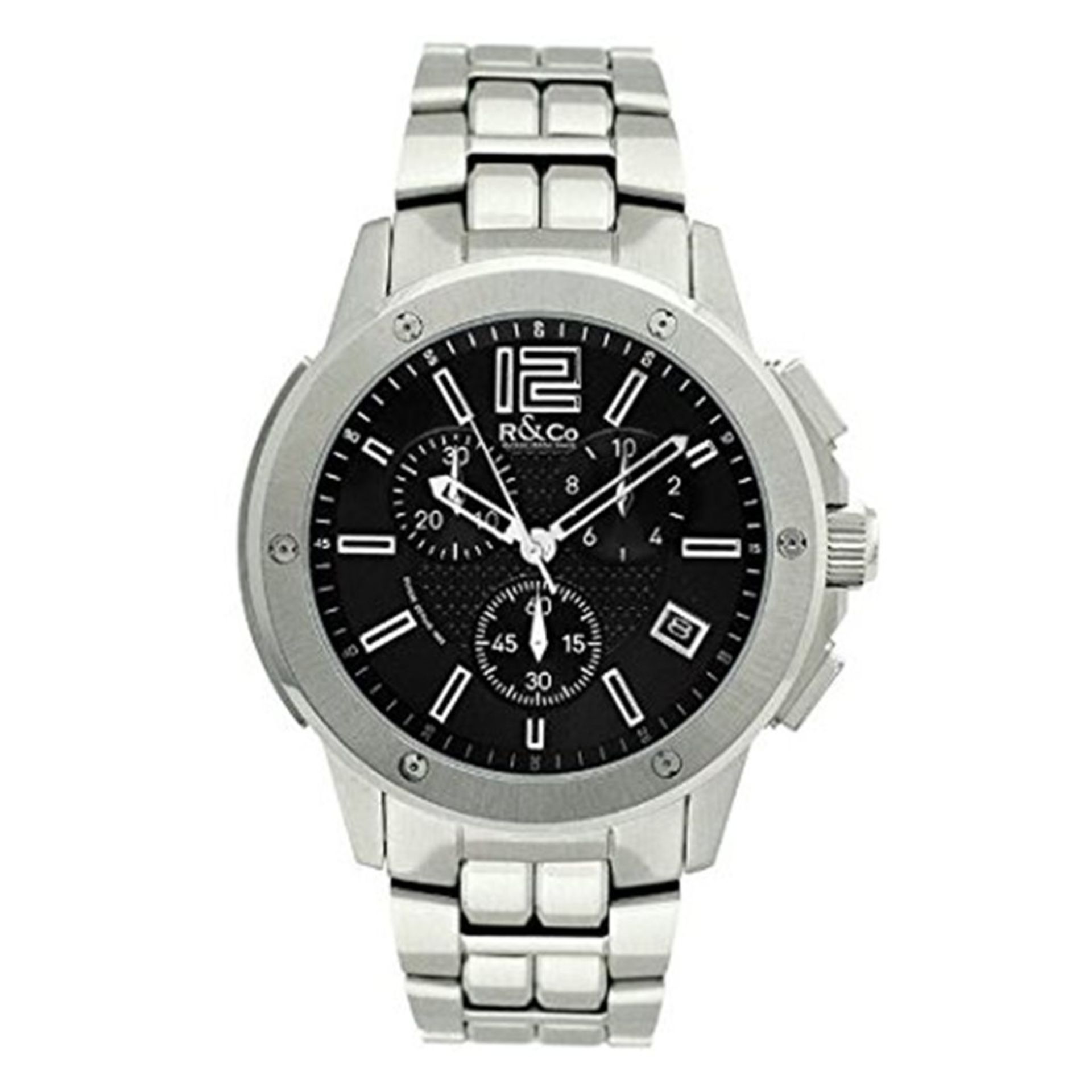 R&Co Men's Quartz Watch with Black Dial Chronograph Display and Silver Stainless Steel Bracelet RGB0