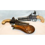 Pair Of Over And Under Duelling Pistols Replicas And 19th Century Powder Flask