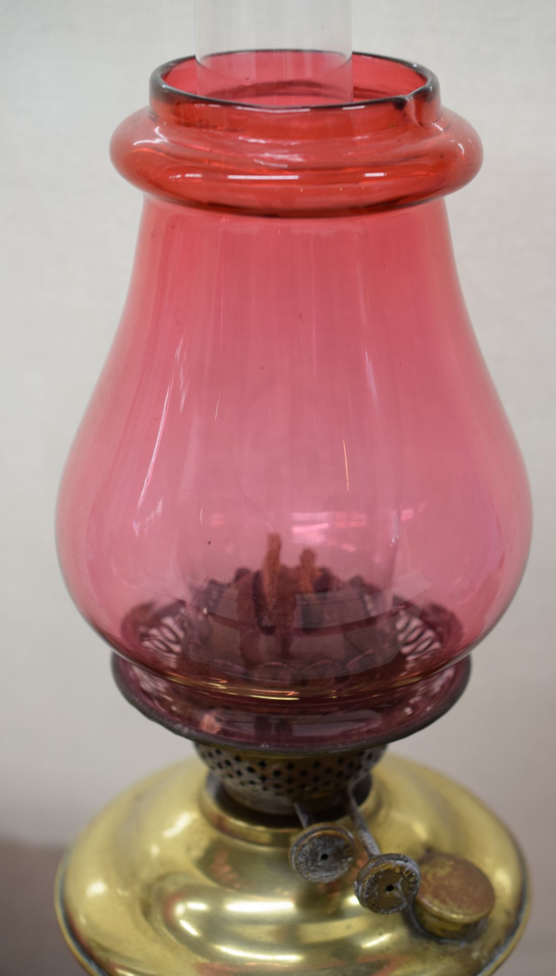 Victorian Cranberry Glass Oil Lamp With Two Cranberry Vases - Image 2 of 3