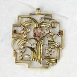 Anton Kling Wiener WerkstŠtte 14k Yellow Gold Topaz, Diamond & Ruby Pendant