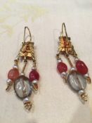 Indian 22ct yellow gold drop earrings set with seed pearls and agates