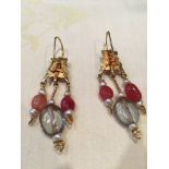 Indian 22ct yellow gold drop earrings set with seed pearls and agates