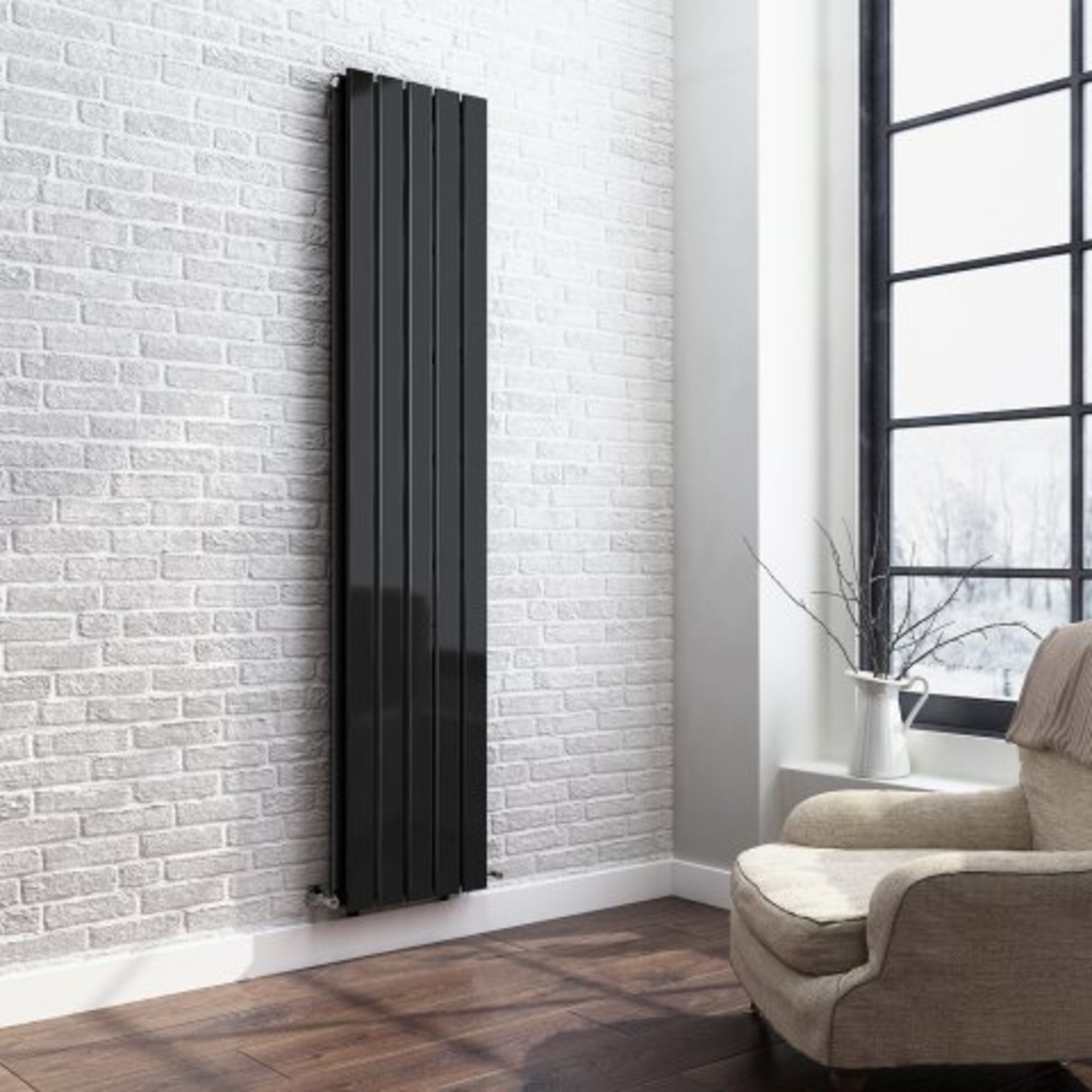 (P90) 1800x382mm Gloss Black Double Flat Panel Vertical Radiator. RRP £499.99. Our Thera Flat - Image 3 of 4