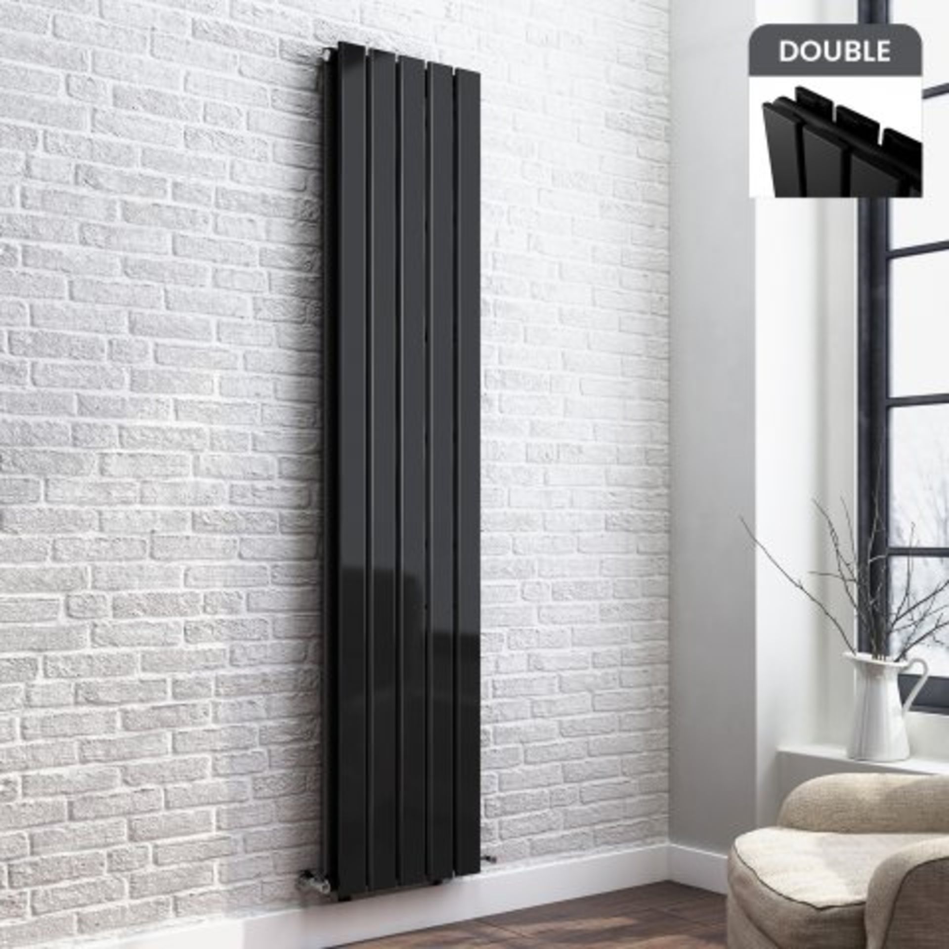 (P90) 1800x382mm Gloss Black Double Flat Panel Vertical Radiator. RRP £499.99. Our Thera Flat