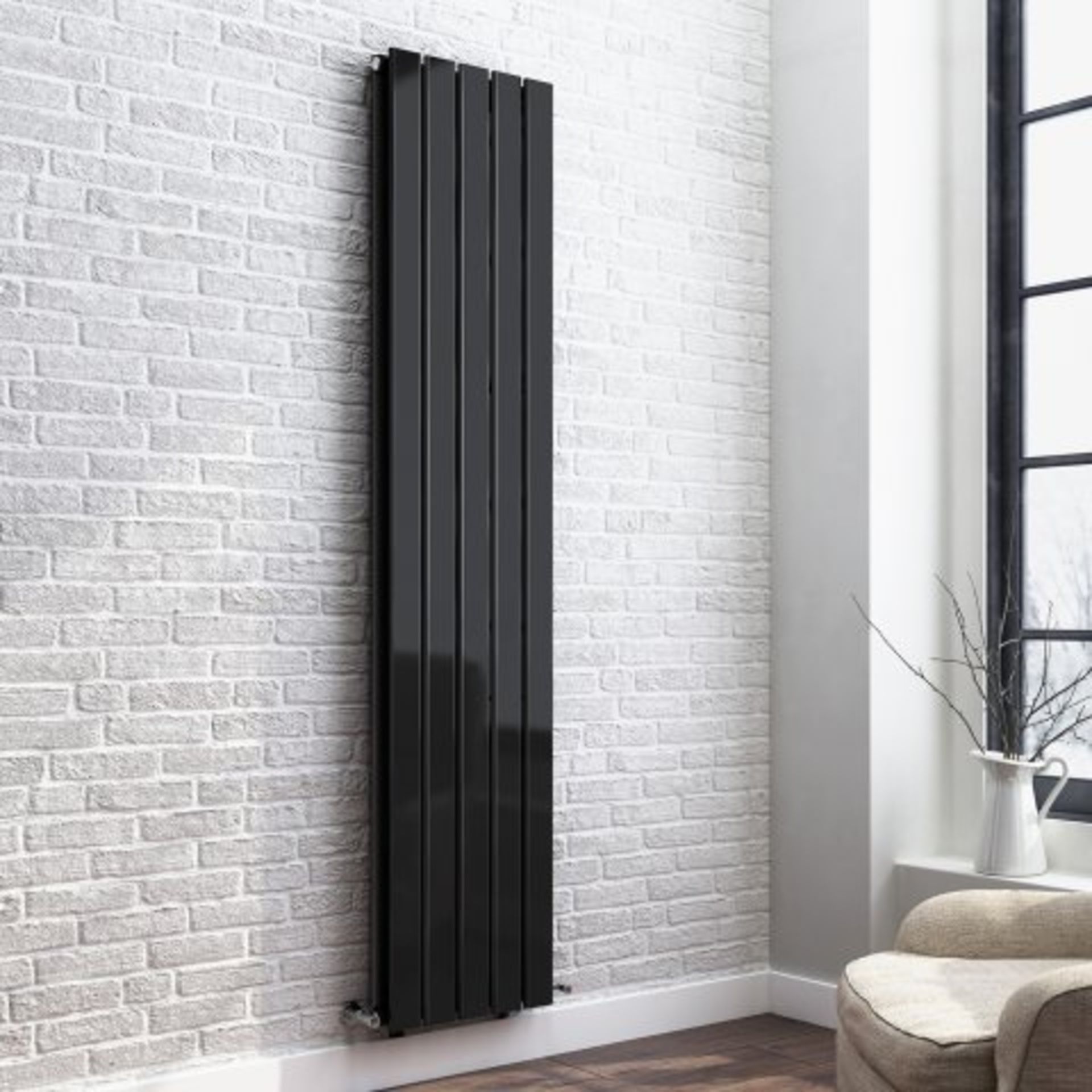 (P90) 1800x382mm Gloss Black Double Flat Panel Vertical Radiator. RRP £499.99. Our Thera Flat - Image 2 of 4
