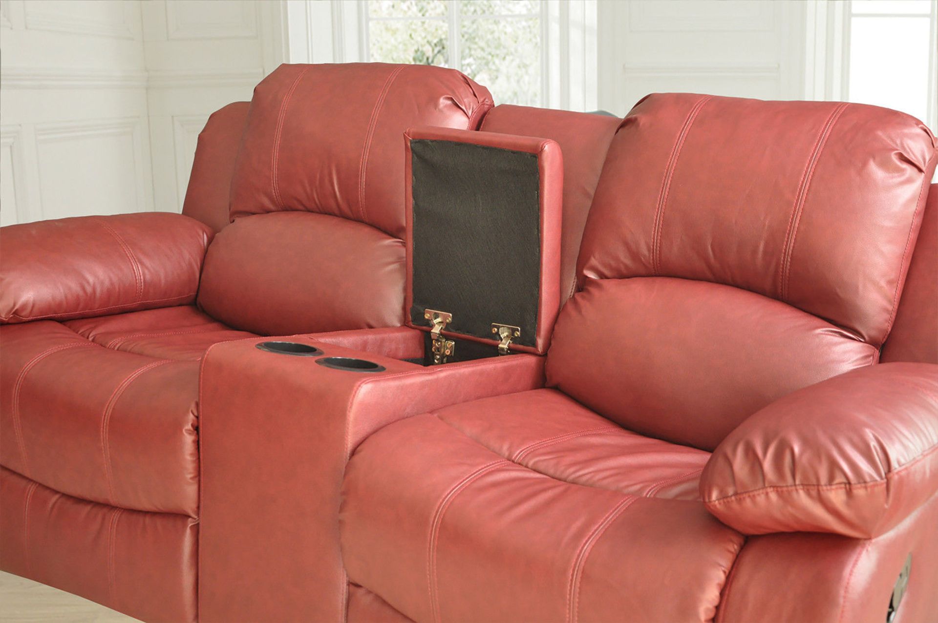 Supreme Valance burgandy leather 3 seater reclining sofa with console - Image 3 of 3