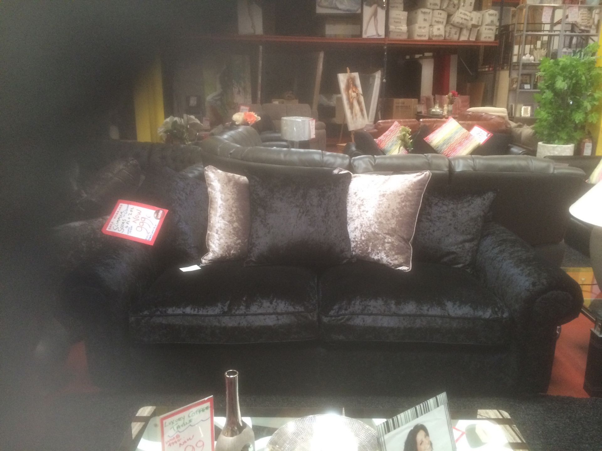 Scarpa deluxe 3 seater sofa in black shimmer crushed velvet plus scarpa 2 seater sofa