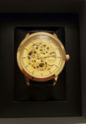 BRAND NEW PRINCE LONDON GENTS AUTOMATIC SKELETON WATCH, ROUND GOLD FACE WITH BLACK LEATHER STRAP,