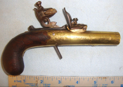 C1830 English, W. Bond London, 40 Bore Brass Flintlock Pocket Pistol With Screw Off Barrel