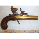 C1830 English, W. Bond London, 40 Bore Brass Flintlock Pocket Pistol With Screw Off Barrel