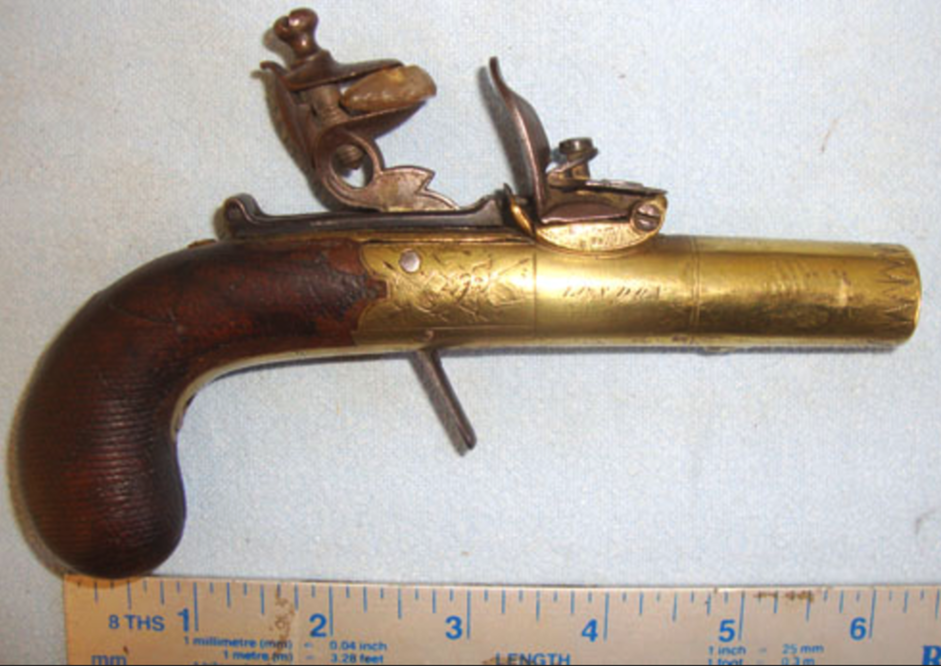 C1830 English, W. Bond London, 40 Bore Brass Flintlock Pocket Pistol With Screw Off Barrel