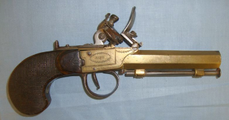 C1800 French, Brass Octagonal Barrel & Frame Flintlock .32 Bore Pocket Pistol By Mathe Paris