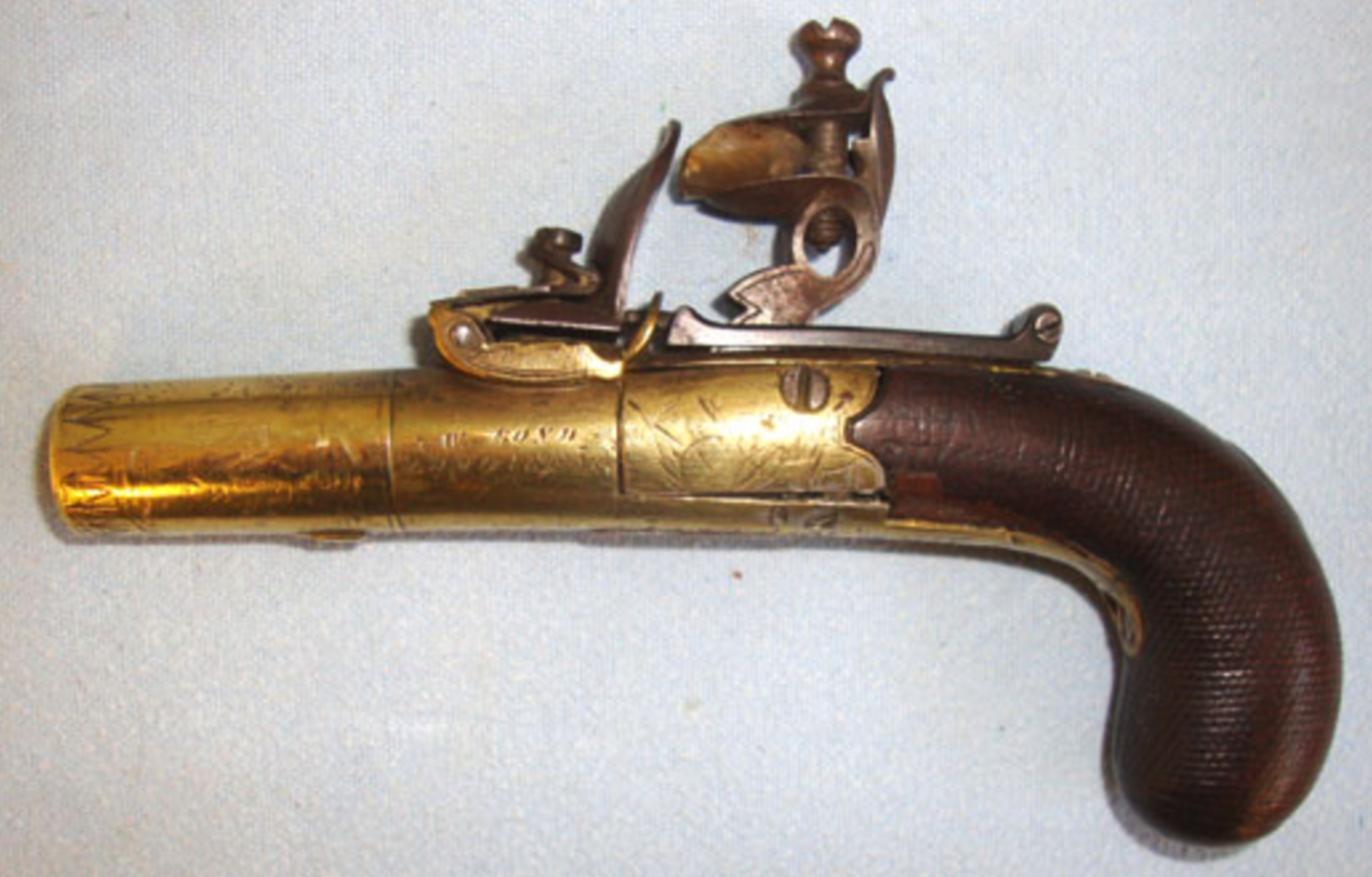 C1830 English, W. Bond London, 40 Bore Brass Flintlock Pocket Pistol With Screw Off Barrel - Image 3 of 3