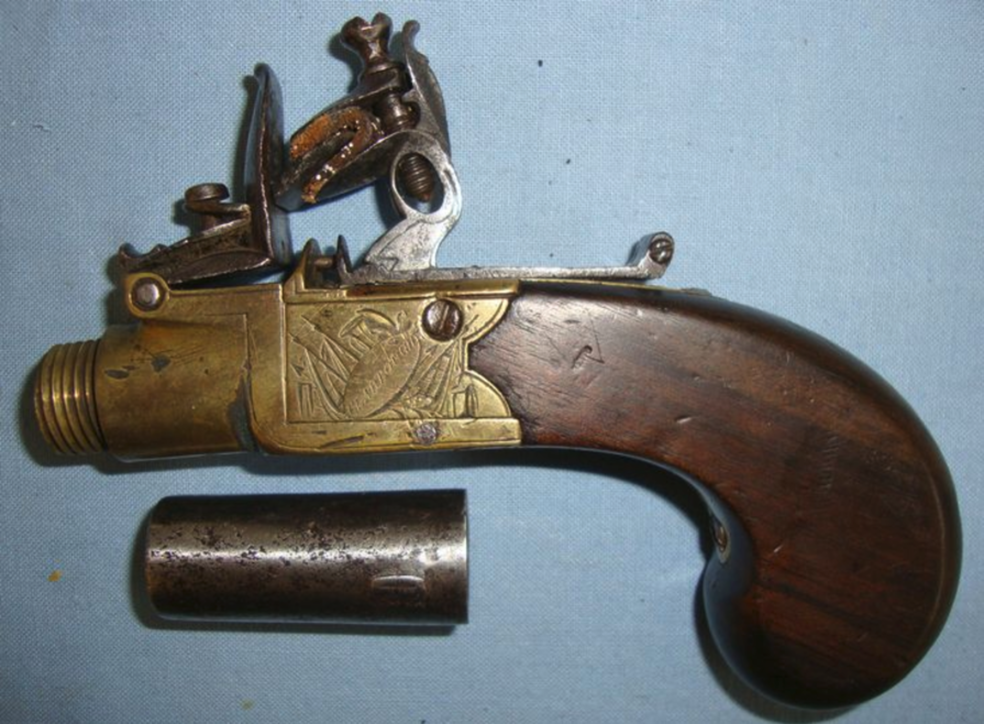 C1830 English, Brass Framed Flintlock Pocket Pistol With Screw Off Barrel - Image 3 of 3