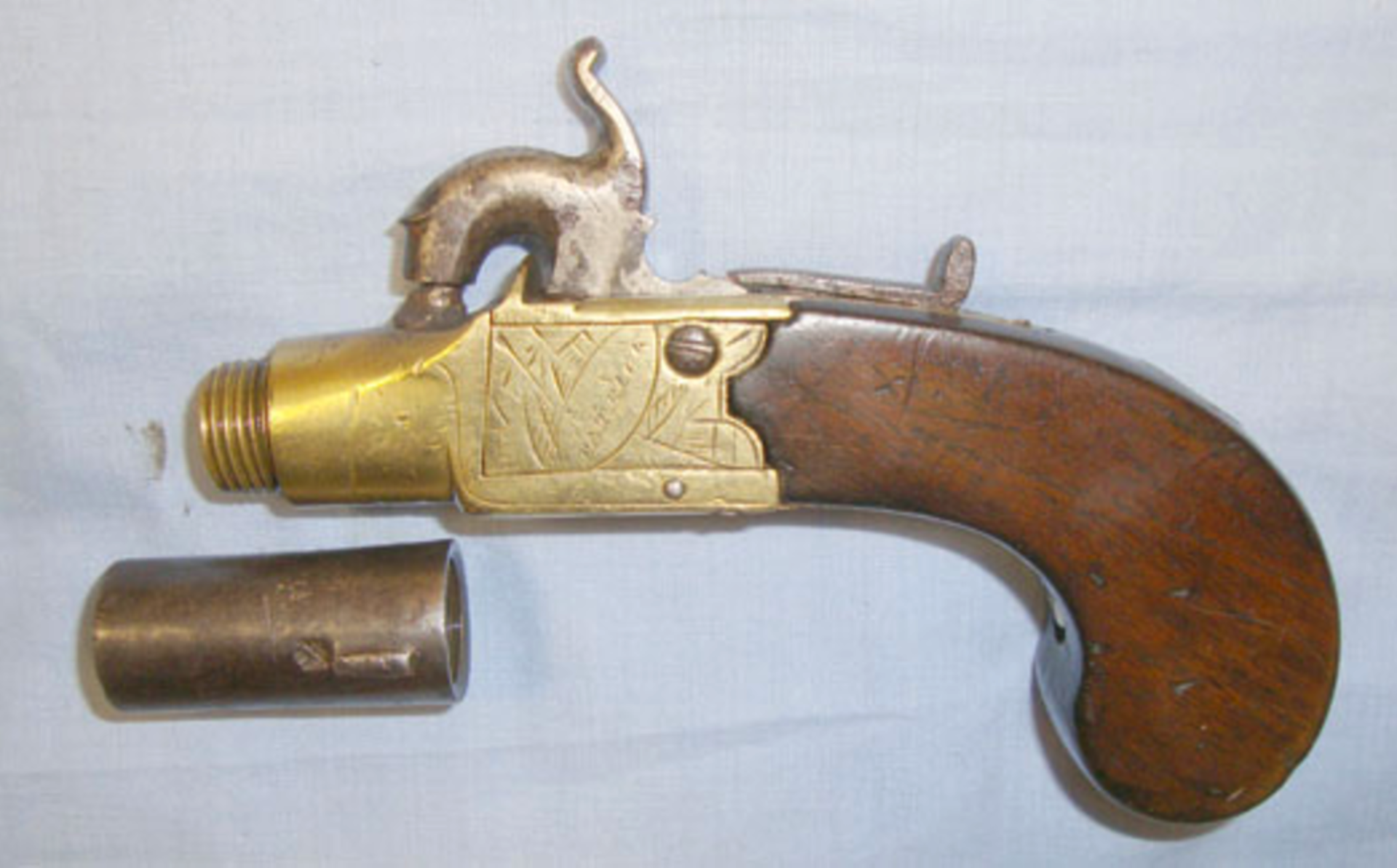 1795-1832 English, .44" Bore, Brass Framed Percussion Pocket Pistol With Screw Off Barrel - Image 3 of 3