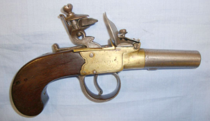 1817-1827 English, Brass Framed Flintlock Pocket Pistol With Screw Off Barrel