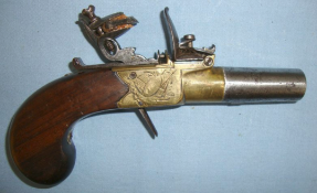 C1830 English, Brass Framed Flintlock Pocket Pistol With Screw Off Barrel